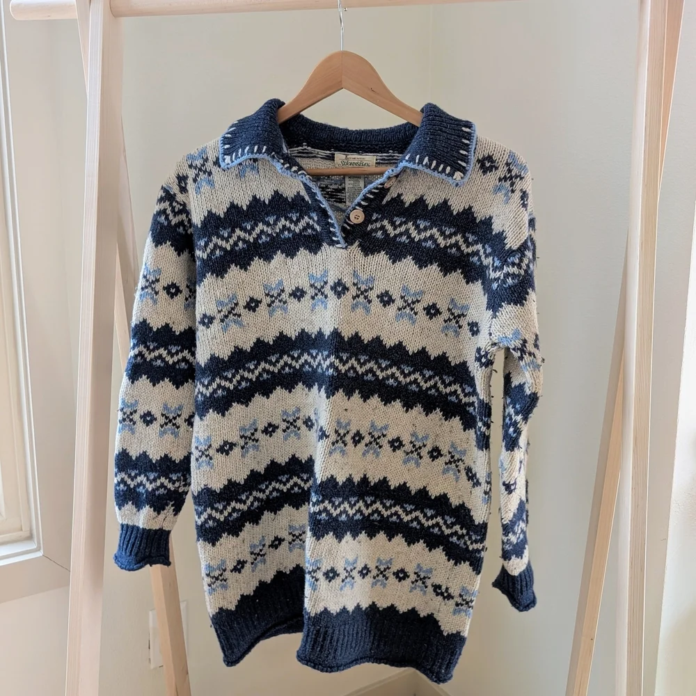 Vintage Fair Isle Abstract Chunky Collared Wool Blend Henley Sweater In Blue - Picture 2 of 6